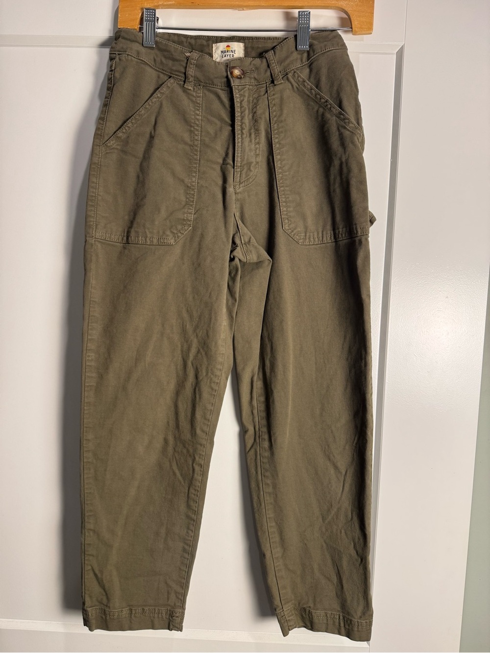 Marine Layer Maya Slim Straight cropped Utility Pants Olive Color organic cotton